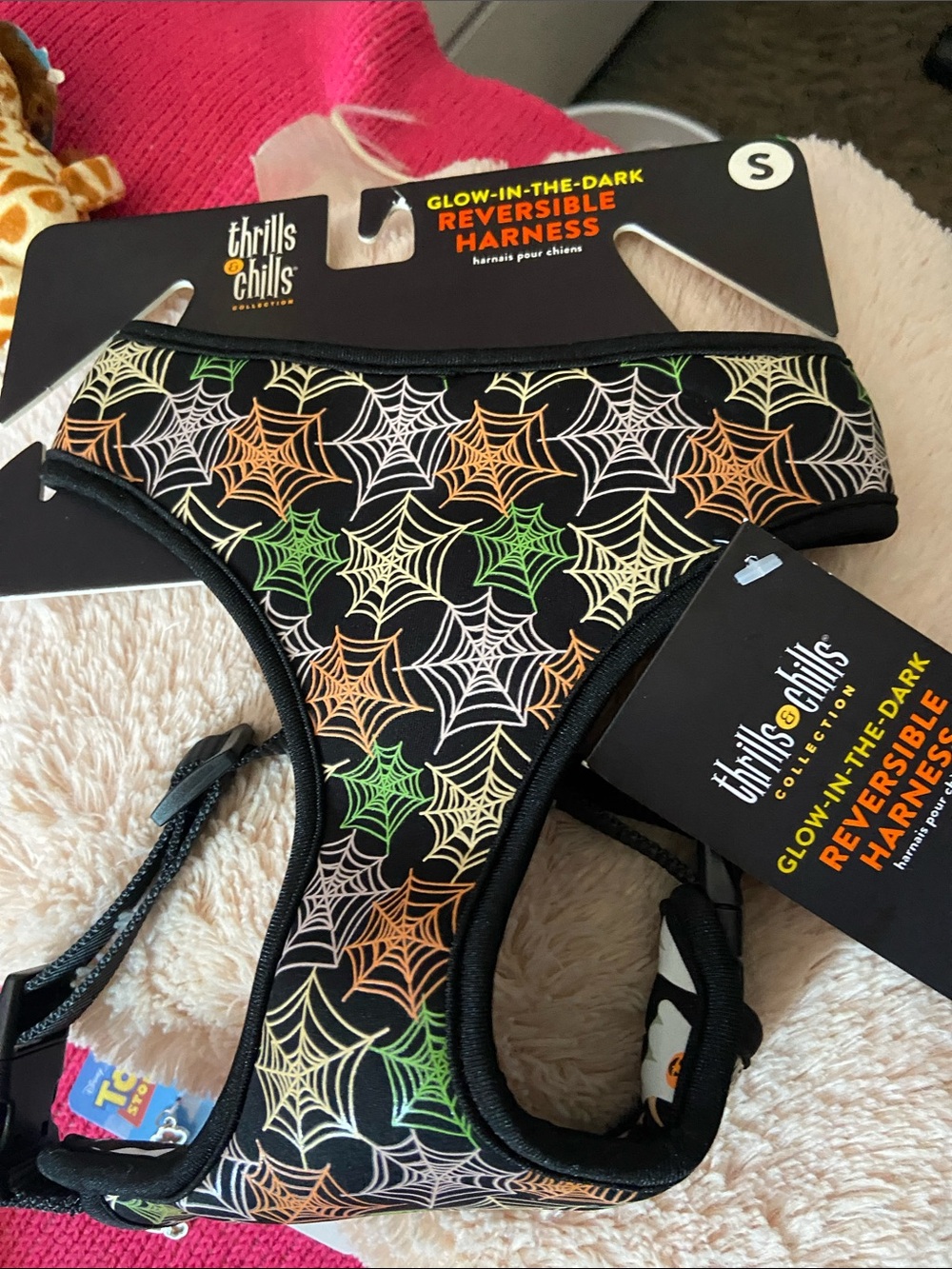 Glow-in-the-Dark Reversible Dog Harness - Black with Orange & Green Spiderwebs